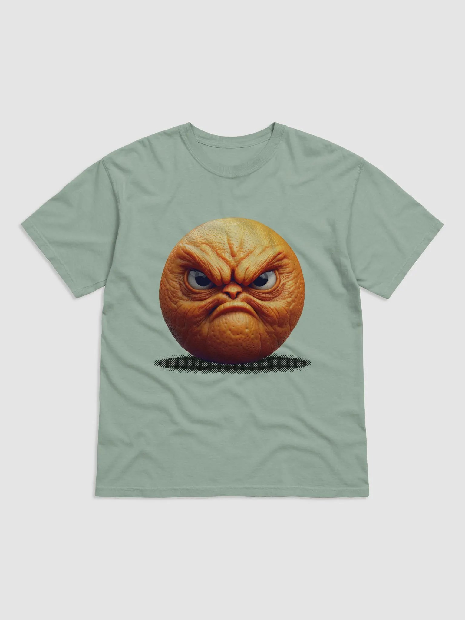 Mr. Grumpy the Angry Orange t-shirt — a scowling wrinkled orange